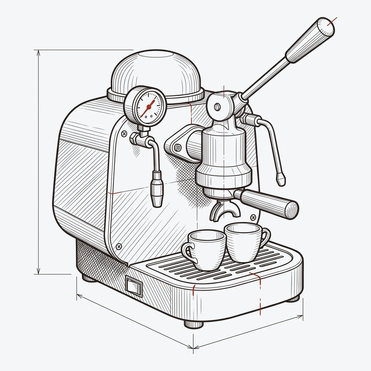 Lever espresso machine — dimensioned technical drawing